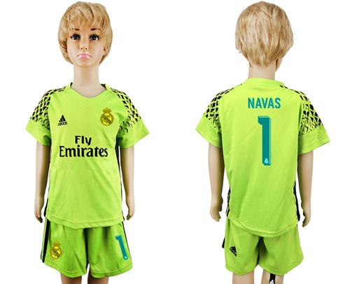 Real Madrid #1 Navas Shiny Green Goalkeeper Kid Soccer Club Jersey